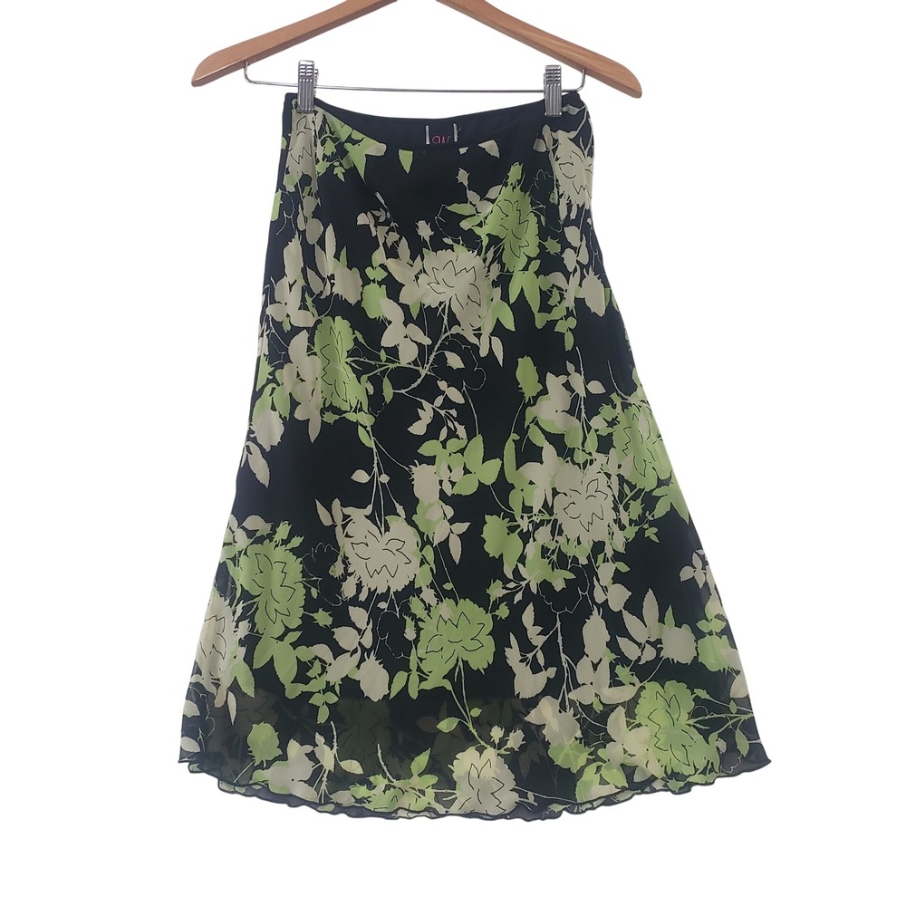 Y2K Floral Midi Skirt Womens 7 Black Green Chiffon Overlay A Line Fairy Grunge